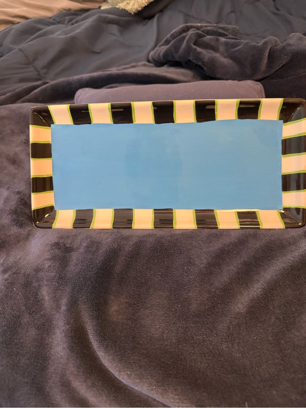 Striped Rectangular Ceramic Serving Platter in Blue and Black - Picture 4 of 6
